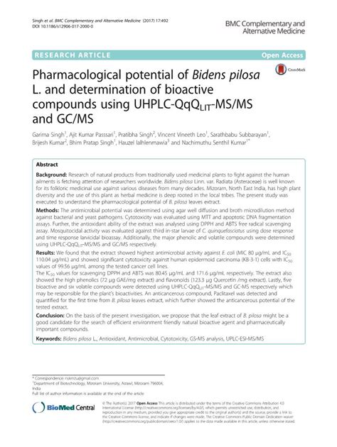 Pharmacological potential of Bidens pilosa L. and determination of .